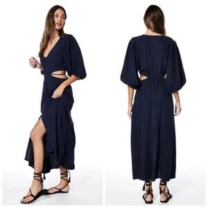 Young Fabulous & Broke High Tea Cut Out Linen Maxi‎ Dress Womans Small Navy